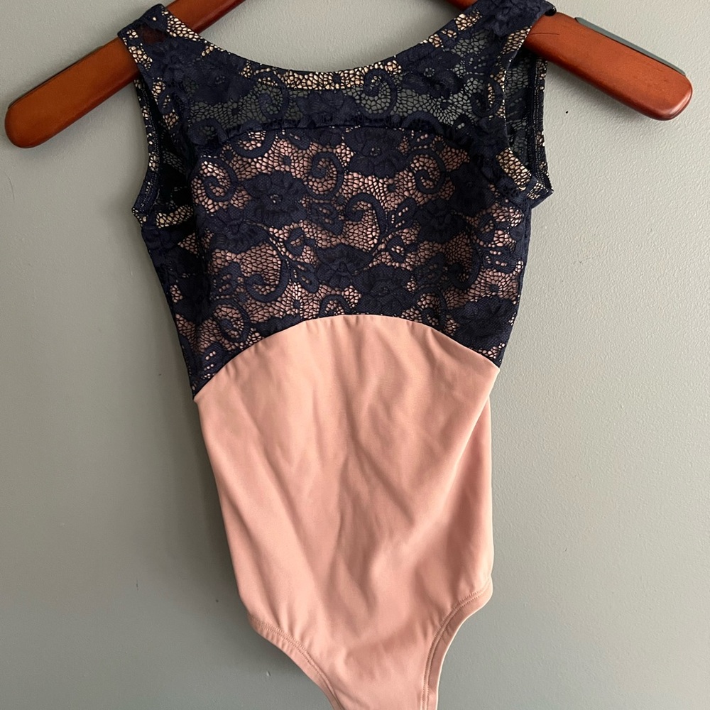 Lucky Leo leotard. Beautiful blue lace at the top with a dusty mauve bottom.